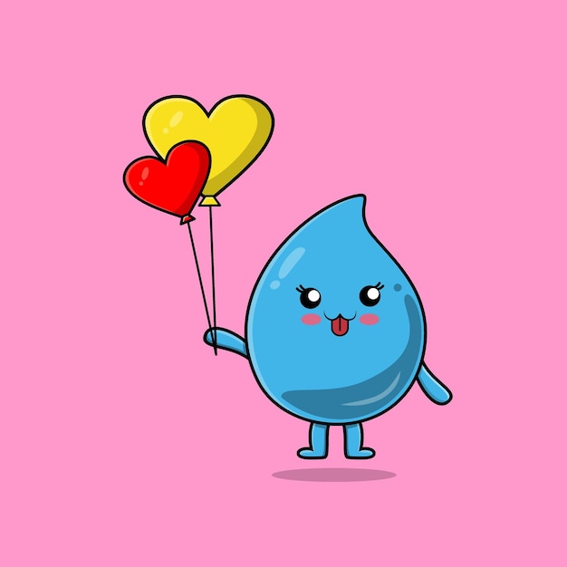 Gota de água de desenho animado bonito flutuando com ilustração vetorial de desenho animado de balão de amor