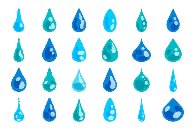 Gota de água gota de desenho animado de orvalho matinal e modelo gráfico de gota de chuva de símbolo de água mineral pura caindo suco ou gota de óleo