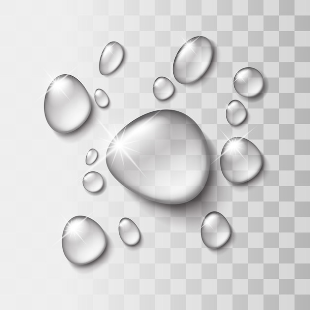Gota de água transparente em fundo cinza claro, ilustração vetorial