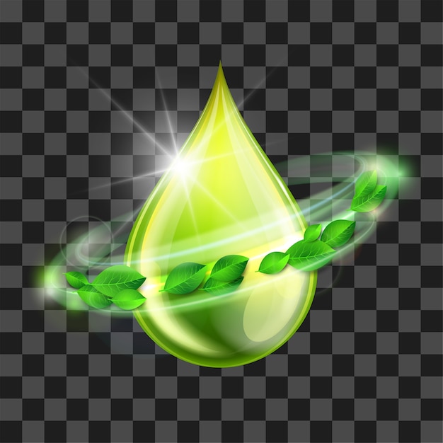 Gota verde brilhante com folhas verdes, projeto conceitual de meio ambiente. ilustração de gota de biodiesel, petróleo, óleo, símbolo de líquidos naturais. conceito de biocombustível