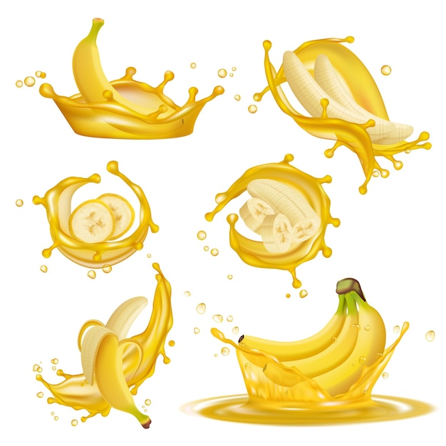 Gotas amarelas líquidas de suco de bannanas frutas saudáveis sobremesas exóticas pingando fotos promocionais realistas em 3D