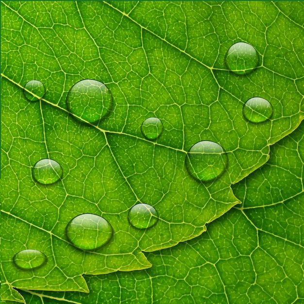 Gotas de água de vetor no fundo macro folha verde