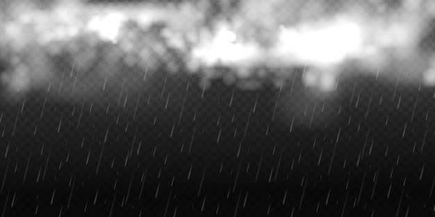 Gotas de chuva caindo isoladas em fundo preto nuvem branca realista com chuva cai tempestade