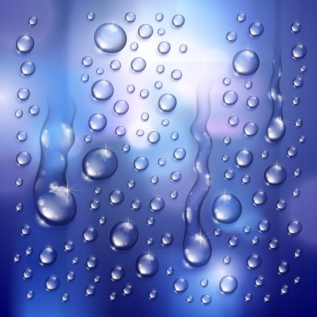 Vetor gotas de chuva de água ou condensação sobre fundo desfocado além da ilustração vetorial 3d transparente realista da janela, fácil de colocar sobre qualquer fundo ou usar gotículas separadamente.