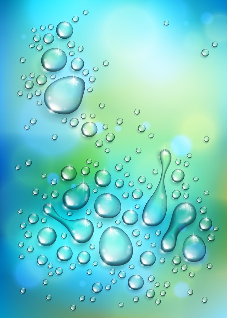 Vetor gotas de chuva de água ou condensação sobre fundo verde desfocado da natureza além da janela, ilustração vetorial 3d transparente realista, fácil de colocar sobre qualquer fundo.