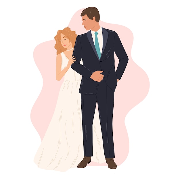 Gouple apaixonado pelo noivo de terno e a noiva em um vestido de noiva em pé em altura total vector ilustração plana isolada
