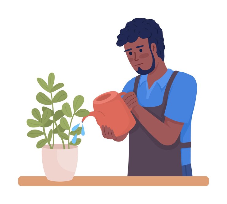 Vetor governanta masculina regando plantas de interior regularmente personagem de vetor de cor semiplana
