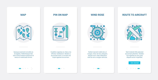 Gps navegação linha serviço ux ui onboarding aplicativo móvel conjunto de tela de tela