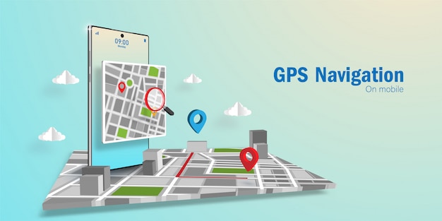 GPS Navigator Application Concept, procure uma direção via appplication no smartphone