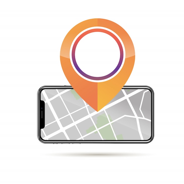 Gps pin ícone maquete e celular com mapa de rua na tela