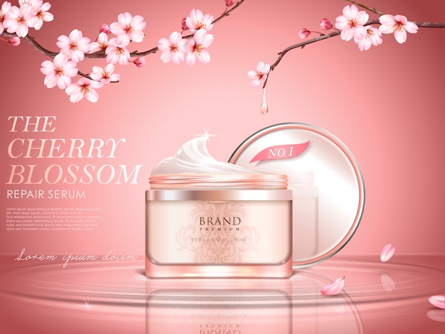 Gracioso anúncio cosmético de flor de cerejeira, garrafa de creme na superfície da água, ramos de sakura com água pingando na ilustração