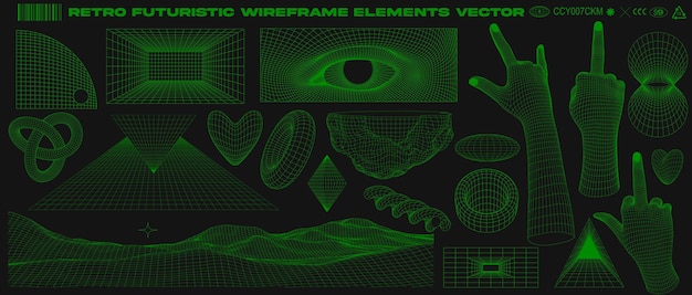 Grade futurista retrô, wireframe, geometria abstrata, brutalismo, coleção de elementos de design rave