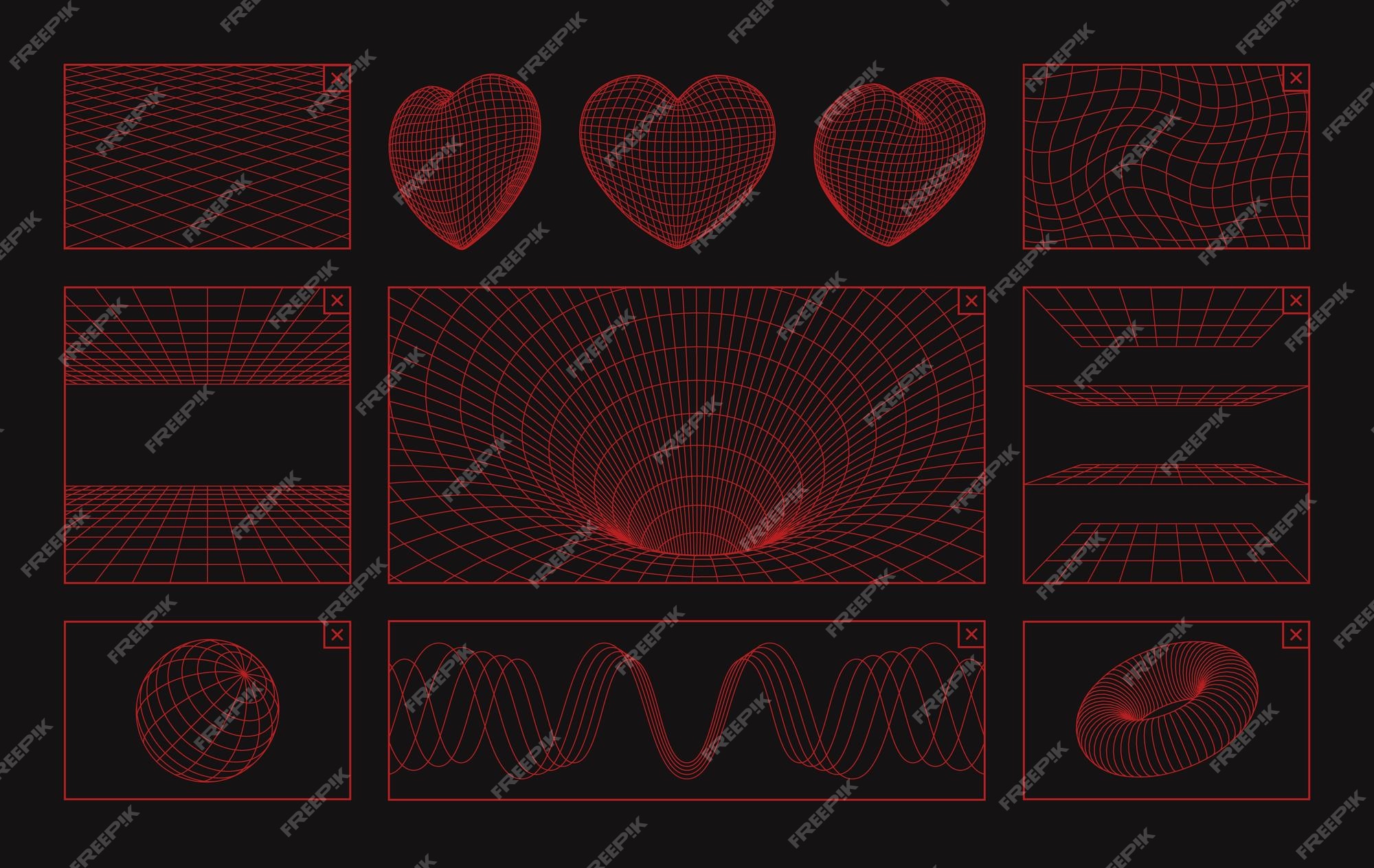 Grade símbolos 3d cartaz futuro wireframe elementos dos anos 90 neon malhas  geométricas padrões de linha y2k futuristas coração e onda cyberpunk forma  caminhos de traçado editáveis conjunto de vetores