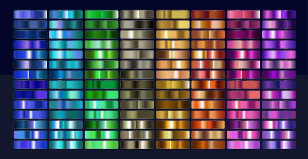 Gradiente de metal. Conjunto de gradiente de cores de amostras metálicas. Paleta de cromo ouro, prata, pérola, bronze, aço, ferro, alumínio