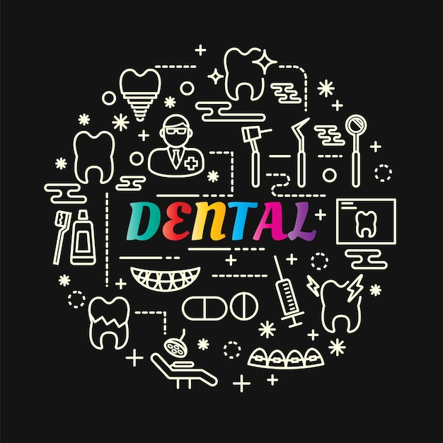 Vetor gradiente dental dental com conjunto de ícones de linha