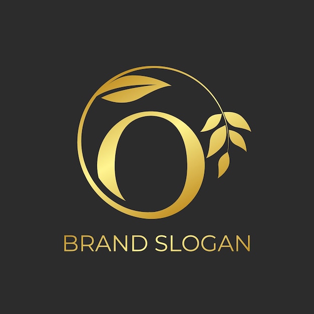 Vetor gradiente dourado letra o logotipo de luxo slogan da marca moldura de folha botânica logotipo floral