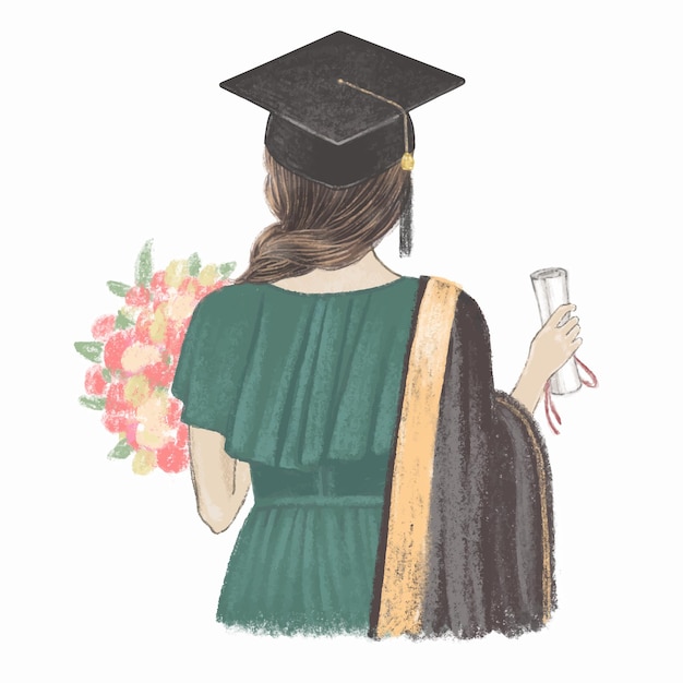 Graduada com certificado de vista traseira Ilustração desenhada à mão