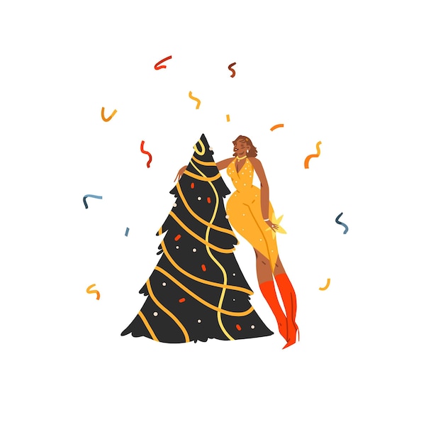 Vetor gráfico abstrato vetorial desenhado à mão feliz natal e feliz ano novo ilustração de fêmea com árvore de natal celebrando o conjunto de cartões de pessoasfeliz natal design de cartão de pessoascoleção de arte de férias