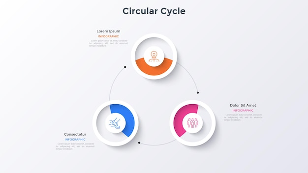Gráfico cíclico em forma de anel com 3 elementos redondos de papel branco. conceito de três etapas do ciclo de negócios. modelo de design moderno infográfico. ilustração em vetor simples para análise de informações de negócios.