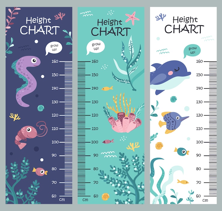 Vetor gráfico de altura de crianças com algas e animais marinhos.
