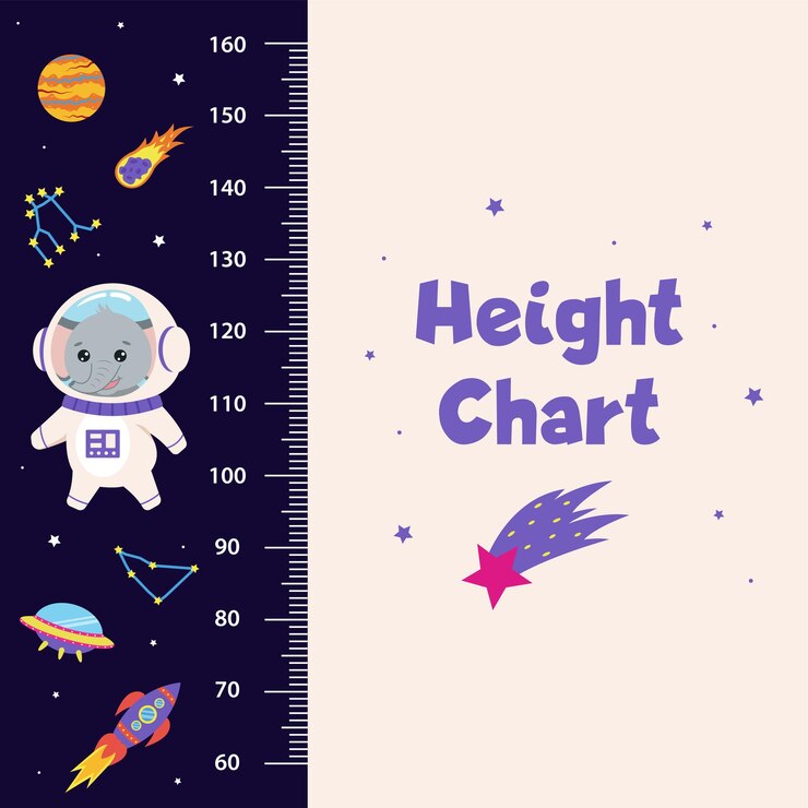 Vetor gráfico de altura espacial para crianças com elementos espaciais e elefante astronauta animal