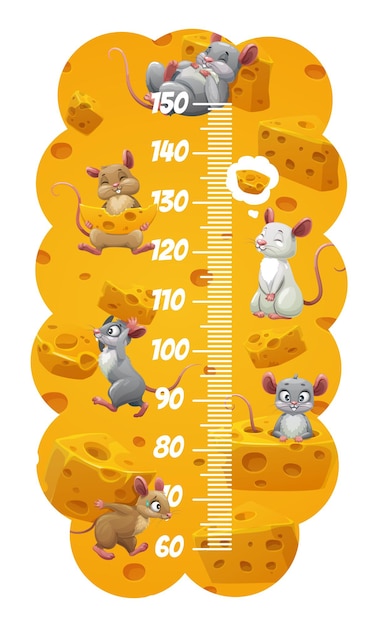 Gráfico de altura para crianças com medidas de crescimento, mouses e camundongos com queijo. Medidor pediátrico vetorial, adesivo de parede para medição de altura de crianças com personagens engraçados de roedores carregam queijo e escala