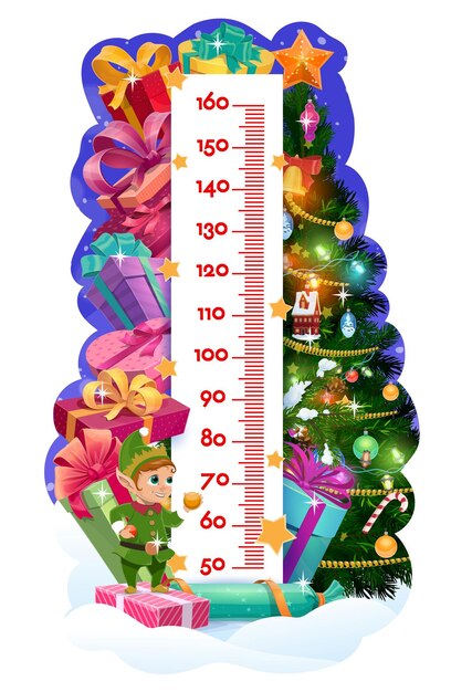 Vetor gráfico de altura para crianças presentes e elfo da árvore de natal