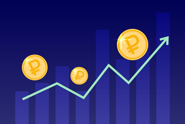 Gráfico de aumento da moeda do rublo russo Moedas de rublo crescem Gráfico de rublo aumenta Seta para cima e diagrama
