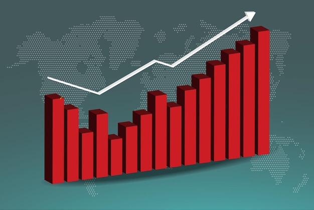 Gráfico de barras 3d da china com altos e baixos aumentando os valores seta ascendente nos dados