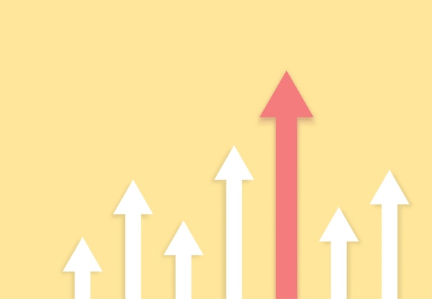Vetor gráfico de barras crescentes com seta vermelha ascendente em um fundo amarelo conceito de design mínimo ilustração vetorial