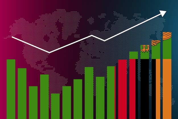 Vetor gráfico de barras da zâmbia com altos e baixos, valores crescentes, bandeira do país zâmbia no gráfico de barras