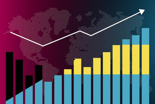Gráfico de barras das bahamas com altos e baixos, valores crescentes, bandeira do país das bahamas no gráfico de barras