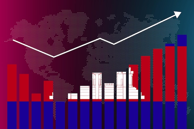 Vetor gráfico de barras do camboja com altos e baixos, valores crescentes, bandeira do país camboja no gráfico de barras