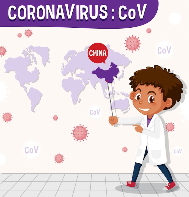 Gráfico de coronavírus com cientista e mapa-múndi na parede