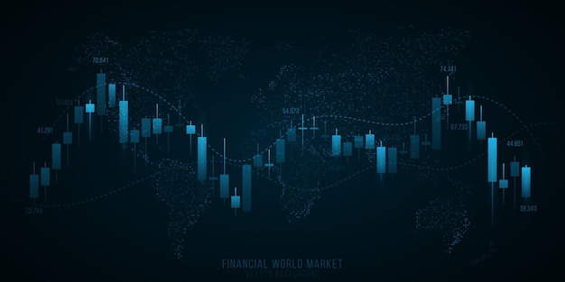 Gráfico de dados financeiros de investimento com mapa-múndi brilhante gráfico de negociação de investimento do mercado de ações fundo de tecnologia de negócios ilustração vetorial eps 10