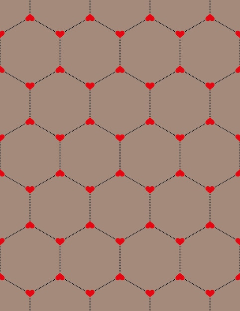 Gráfico de favo de mel com padrão sem costura de corações vermelhos em fundo dourado