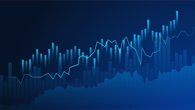 Gráfico de gráfico de velas de negócios de negociação de investimentos no mercado de ações em fundo azul Tendência de alta de ponto de alta do gráfico Design vetorial de economia