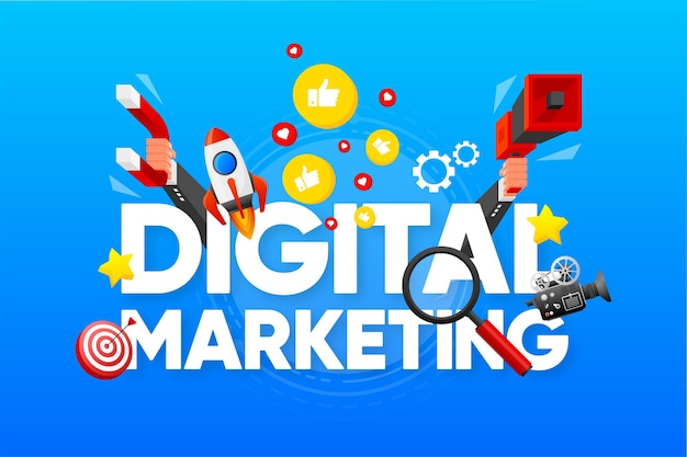 Vetor gráfico de marketing digital com palavras-chave e objetos de ilustração vetorial de marketing sfere