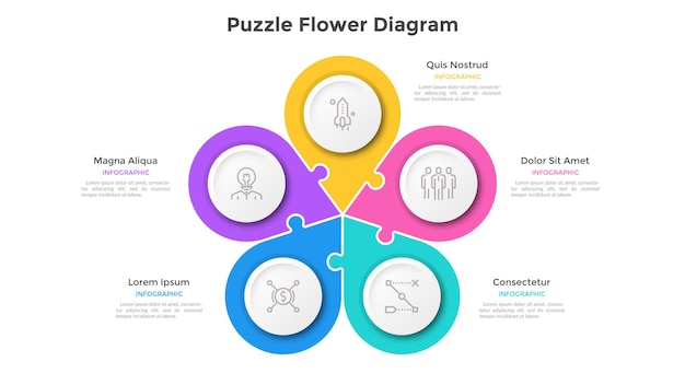 Gráfico de pétalas de flores com 5 peças coloridas de quebra-cabeça conectadas. conceito de cinco elementos de projeto empresarial. modelo de design plano infográfico. ilustração vetorial simples para apresentação, banner.