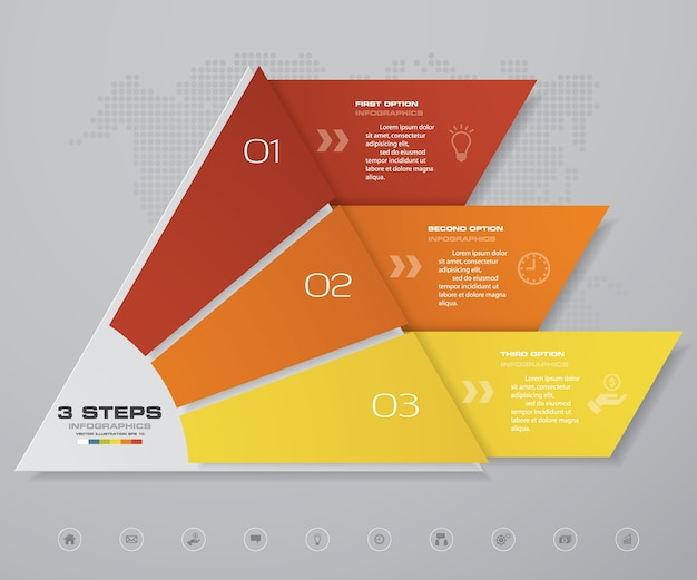 Vetor gráfico de pirâmide de 3 etapas para apresentação de dados.
