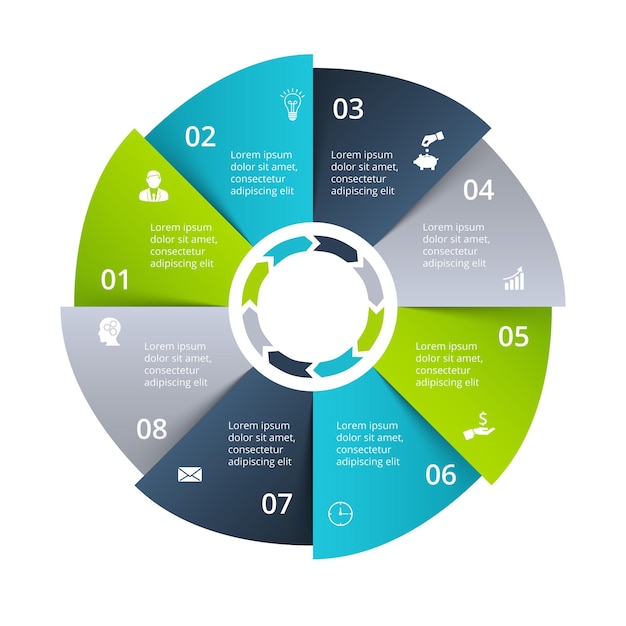 Gráfico de pizza circular dividido em 8 setores coloridos. modelo de design plano infográfico.