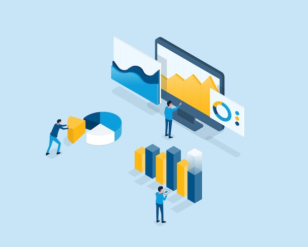 Gráfico de relatório de análise de equipe de investimento financeiro de negócios isométrico no conceito de painel de monitor