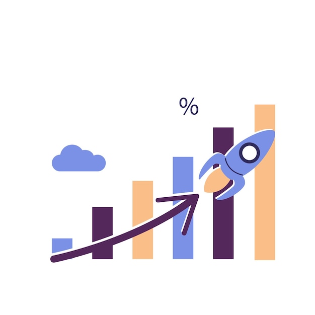 Vetor gráfico de relatório financeiro com flecha exponencial de riqueza de investimento de foguete voador ou ganho crescente gráfico