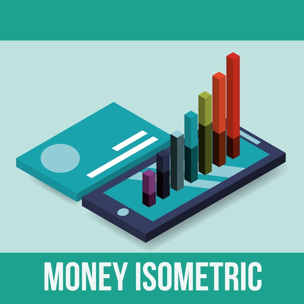 Gráfico de smartphone e estatísticas de cartão de crédito isométrico de dinheiro
