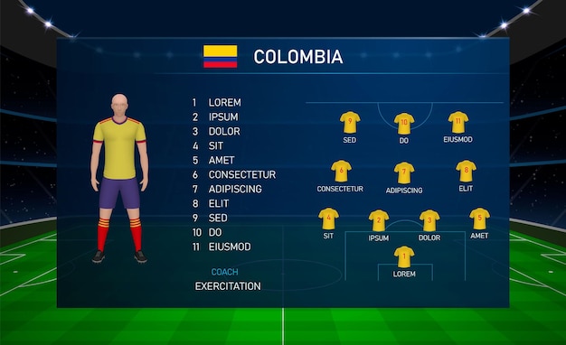 Vetor gráfico de transmissão de placar de futebol com time de futebol de esquadrão colômbia