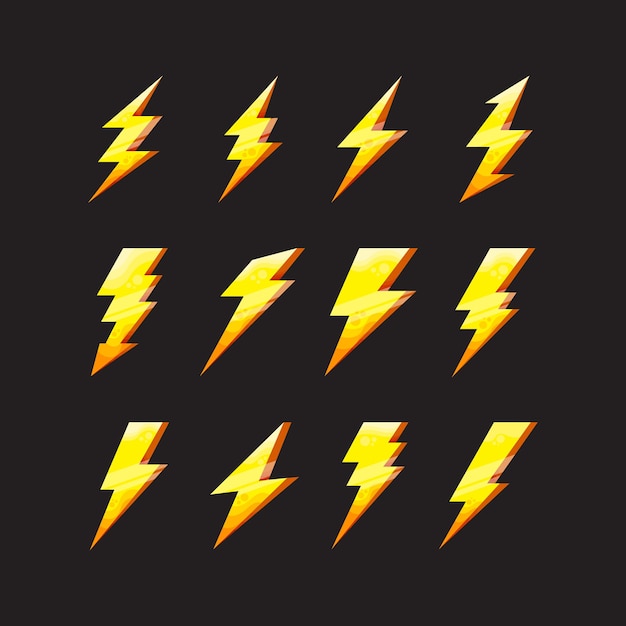 Gráfico de vetor de conjunto de ícones de flash de iluminação plana e trovão