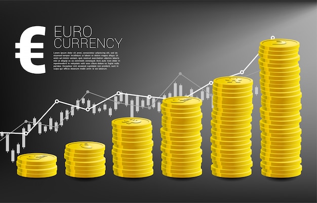 Gráfico do crescimento com a pilha de moeda do euro da moeda e do bom fundo da carta de negócio.