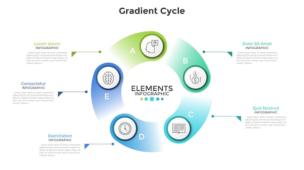 Gráfico em forma de anel com 5 elementos circulares de papel branco, ícones lineares, letras e local para texto. conceito de processo cíclico com seis etapas. modelo de design criativo infográfico. ilustração vetorial.