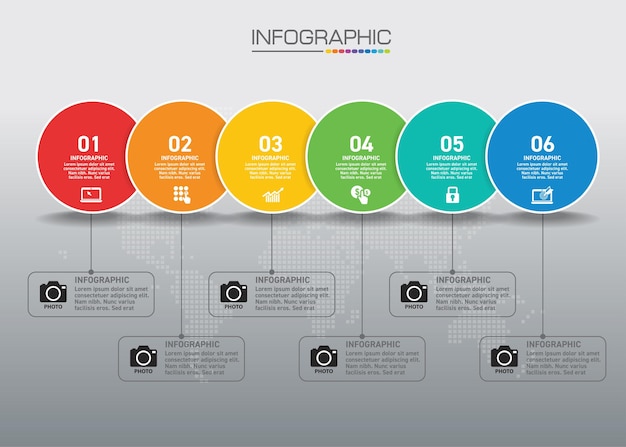 Gráfico infográfico com conceito de negócio, 6 opções podem ser usadas para conceito de negócio com 6 etapas.