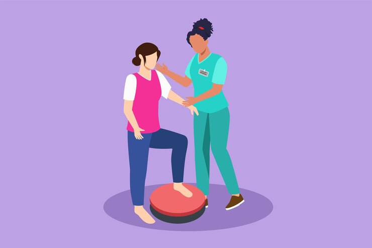 Vetor gráfico plano design desenho mulher terapeuta ajudando jovem paciente subindo as escadas reabilitação médica atividade de fisioterapia no hospital da cidade cartoon estilo vetor ilustração